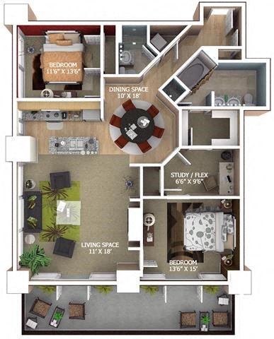 Floor plan for 2 beds, 2 baths, 1613 sqft
